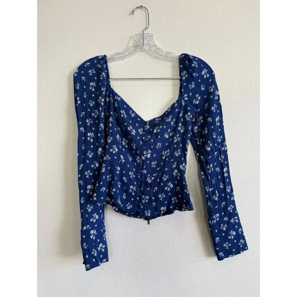 Reformation Nell Blue White Floral Puff Sleeve Fitted Blouse Size 4